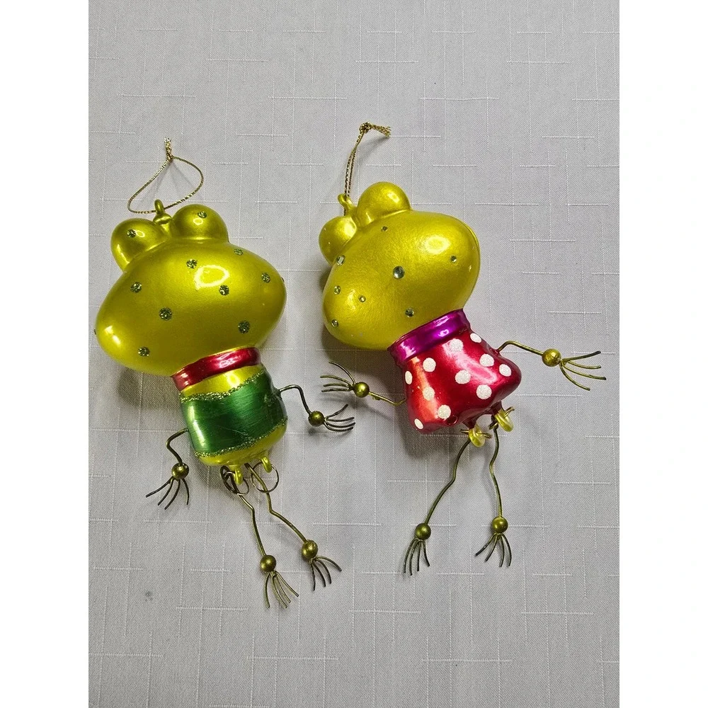Vintage Style Glass Frog Ornaments Pair Green Red Polka Dot Rhinestone Whimsical